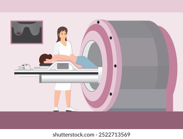 Breast MRI is used to see if there are other areas within the breast that also could have cancer. It's also used to screen for breast cancer. Medical health care, vector illustration. 