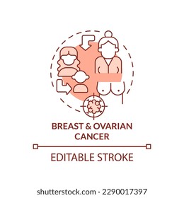 Breast, ovarian cancer red concept icon. Family health history and chronic diseases abstract idea thin line illustration. Isolated outline drawing. Editable stroke. Arial, Myriad Pro-Bold fonts used