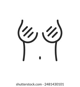 Breast pain, linear style icon. Woman with breast tenderness. discomfort or pain in the chest. Editable stroke width