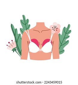 Breast pain vector illustration concept. Female chest wearing brassiere surrounded nature flowers. Mastalgia design.