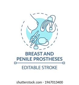 Breast and penile prostheses concept icon. Prostheses type idea thin line illustration. Mechanical device. Penile implant. Vector isolated outline RGB color drawing. Editable stroke