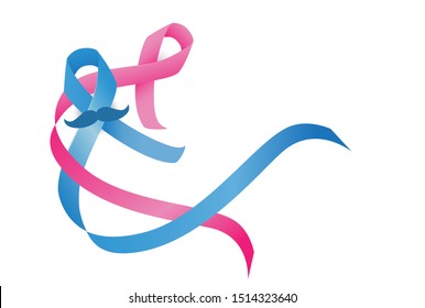 Breast and prostate cancer awareness ribbons. Pink and blue ribbon isolated on white background.