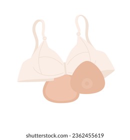 Breast prosthesis. Breast prosthesis and post surgery bra for breast cancer patient after mastectomy. Vector illustration.