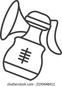 Breast pump with bottle for feeding newborn baby. Care for children, nourishment with microelements and vitamins for kid. Isolated icon, line art minimalist art. Vector in flat style illustration