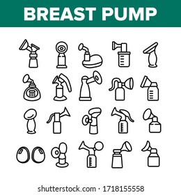 Breast Pump Device Collection Icons Set Vector. Automatical And Manual Breast Pump Equipment For Mother Breast Maternity Milk Concept Linear Pictograms. Monochrome Contour Illustrations