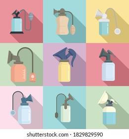 Breast pump icons set. Flat set of breast pump vector icons for web design
