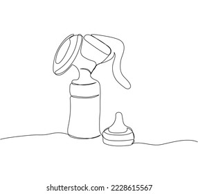Breast pump with pacifier one line art. Continuous line drawing of milk, feeding, baby, newborn, child, baby food, breast milk, natural feeding.