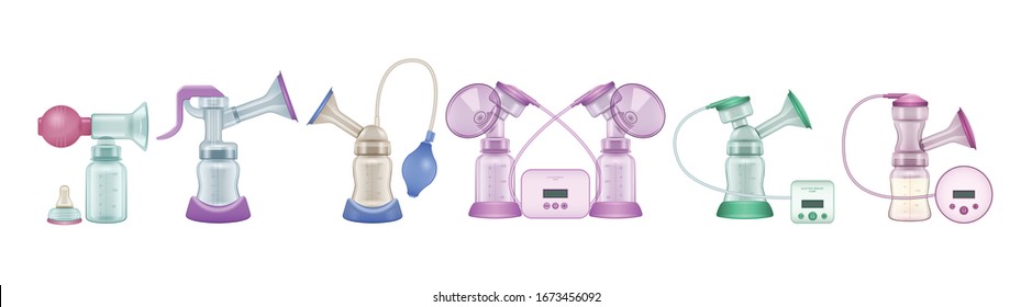 Breast pump realistic set icon. Vector illustration breastmilk on white background . Isolated vector realistic set icon breast pump.