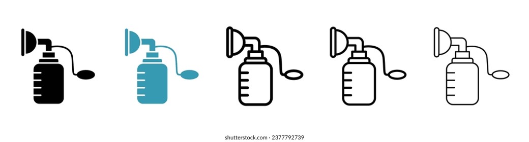 Juego de iconos de la bomba de pecho. Icono del vector de la bomba manual de leche materna de mamá en un estilo relleno y delineado negro.