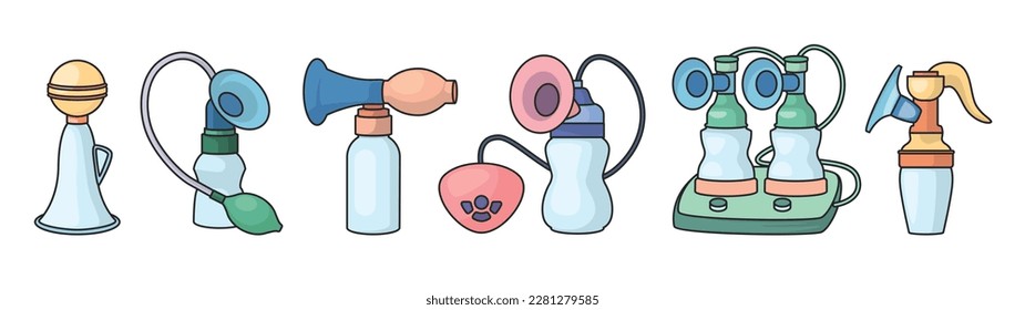 Breast pump vector color set icon. Vector illustration equipment for breastfeeding on white background. Color set icon breast pump.