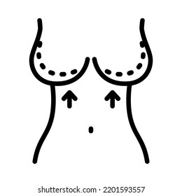 Breast reduction outline icons. Cosmetic surgery on bust with dotted lines. For plastic surgery clinic, medical and beauty publications. Vector Illustration.