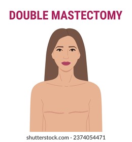 Breast removal surgery double mastectomy. Medical illustration of women s chest with scar after surgery. Breast Cancer Awareness Month. Women health care. Hand drawn vector illustration