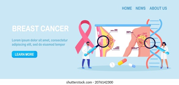 Breast screening and mammography, diagnostic of oncology. Mammologist doctor diagnose breast cancer with magnify. Pink ribbon. Healthcare and medical examination. Vector illustration