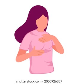 Breast self exam concept vector illustration on white background. Young woman checking breast herself in flat design.