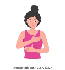 Breast self exam concept vector illustration on white background. Young woman checking breast herself in flat design.