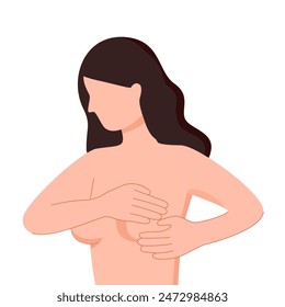 Ilustración vectorial de concepto de autoexamen de mama sobre fondo blanco. Mujer joven que comprueba pecho ella misma en diseño plano.