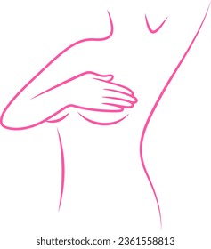 Breast self-exam, Information for self-examination. Woman checking her breast, outline style. Breast cancer awareness month. Illustration.