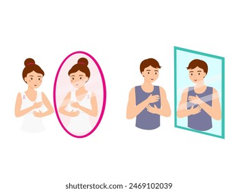 Breast Self-Exam. A woman or man checks his or her breasts in front of a mirror.