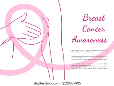 Breast Self-Exams line icon. Breast cancer. Pink ribbon. Silhouette icon. Timely breast examination. Health care. National Breast Cancer Awareness. Health-care poster or banner template