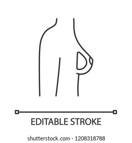 Breast silicone implant linear icon. Woman breast augmentation surgery. Thin line illustration. Mammoplasty. Plastic surgery. Contour symbol. Vector isolated outline drawing. Editable stroke