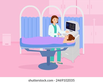 Breast ultrasound. A doctor is performing a breast ultrasound on a patient.