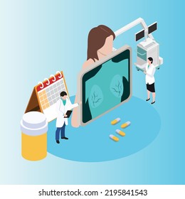 Breast ultrasound and mammography, diagnostic of oncology isometric 3d vector illustration concept for banner, website, illustration, landing page, flyer, etc.