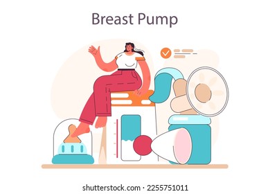 Breastfeading concept. Manual breast pump, device that lactating women use to extract milk for storage. Flat vector illustration
