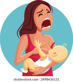 
Breastfed Baby Eating and Biting its Mom Vector Cartoon. Unhappy mom suffering from painful mastitis from breastfeeding 
