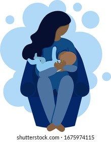 Breastfeedig vector concept. African american woman sitting in comfortable chair and feeding with breast her small baby. Infant dressed in bodysuit jumper.  Bright illustration in flat cartoon style.