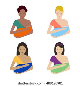 
Breastfeeding. African American woman with baby, Caucasian with baby, asian woman with baby, indian woman with baby. Motherhood