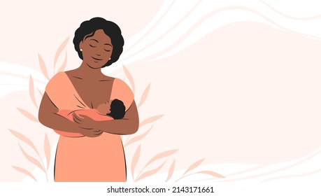 Breastfeeding. African American woman breastfeeds the baby. Banner about pregnancy and motherhood with place for text. Vector illustration.