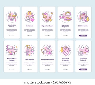 Breastfeeding and baby food onboarding mobile app page screen with concepts set. Higher iq in future walkthrough 5 steps graphic instructions. UI vector template with RGB color illustrations