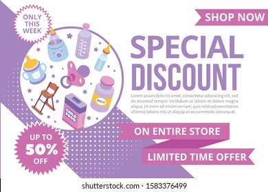 Breastfeeding banner isometric background with child food bottles dummies and editable text on ribbons and badges vector illustration