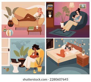 Breastfeeding banners or cards collection, flat vector illustration. Home interior backdrops with mothers feeding a baby with breast in various comfortable positions.