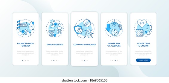 Breastfeeding benefits onboarding mobile app page screen with concepts. Easily digested food for baby walkthrough 5 steps graphic instructions. UI vector template with RGB color illustrations