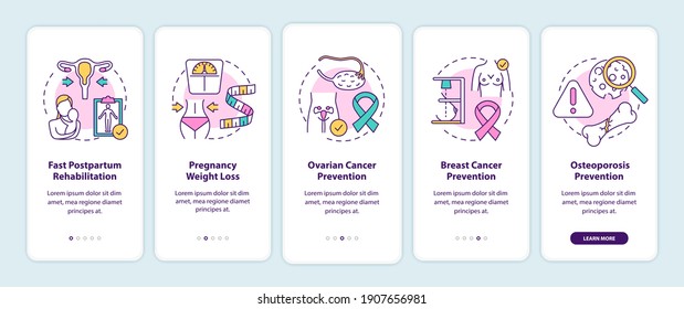 Breastfeeding benefits for women onboarding mobile app page screen with concepts. Postpartum rehabilitation walkthrough 5 steps graphic instructions. UI vector template with RGB color illustrations