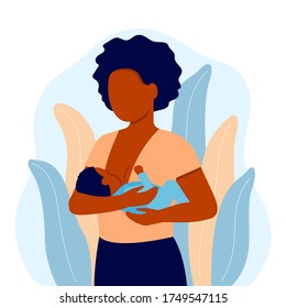 Breastfeeding, Black Mother Feeding Newborn Baby With Breast In Hands. Child Boy Drinks Milk From The Female Breast. Breast Feeding, Happy Mother Day. Lactation. Vector Illustration