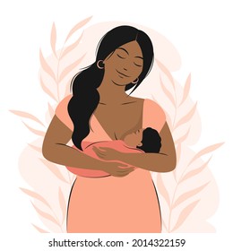 Breastfeeding. Black woman feeding a baby. Family, health, maternity concept, World Breastfeeding Week.  Flat vector illustration.
