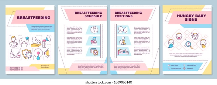 Breastfeeding brochure template. Schedule, position. Hungry baby signs. Flyer, booklet, leaflet print, cover design with linear icons. Vector layouts for magazines, annual reports, advertising posters