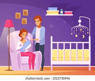 Breastfeeding cartoon composition with woman sitting in armchair and feeding newborn in home interior vector illustration