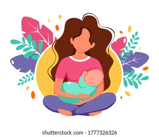 Breastfeeding concept. Woman feeding a baby with breast on leaves background. Vector illustration in flat style.