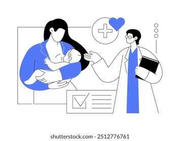 Breastfeeding consultant isolated cartoon vector illustrations. Young mom gets a breastfeeding consultant help, small business, professional service, lactation process vector cartoon.