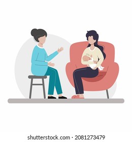 Breastfeeding consultant. Woman is sitting in chair and breastfeeding baby. Mom and infant. Interior of apartment.
