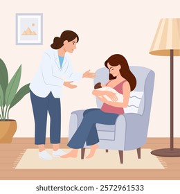 Breastfeeding consultation lactating. Woman holding and breastfeeding infant baby. Doctor talking with young mother. Healthcare concept . Flat vector illustration