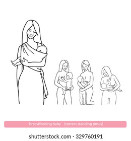 Breastfeeding - correct poses standing (vector illustration)