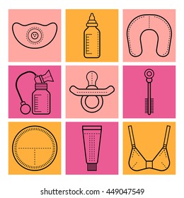 Breastfeeding. Flat icons on colored background. Motherhood. Vector