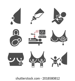 Fijación de iconos planos para amamantar. infografía de madres lactantes. Señales vectoriales para gráficos web.
