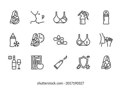 Breastfeeding Flat Line Icon Set. Vector Illustration Lactation. Included Nipple Shield, Breast Pads, Newborn Feeding For Hours, Nursing Clothes, Mastitis. Editable Strokes