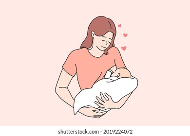 Breastfeeding, Happy Motherhood And Childhood Concept. Happy Loving Young Woman Mother Feeding Her Baby With Breast Milk Vector Illustration 