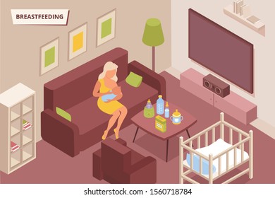 Breastfeeding home composition with isometric images of nursing mother and baby in domestic environment with text vector illustration